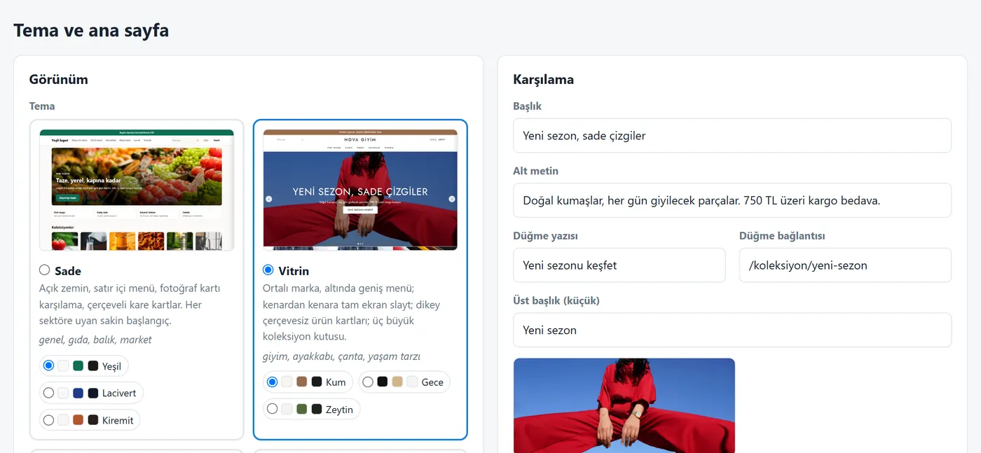 Tema ekranı: tema seçimi, renk setleri ve karşılama alanları