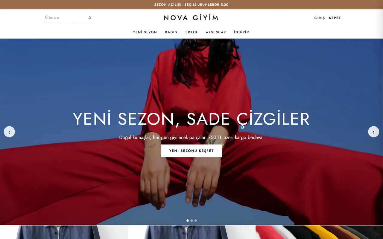 Nova Giyim demo mağazasının ana sayfası